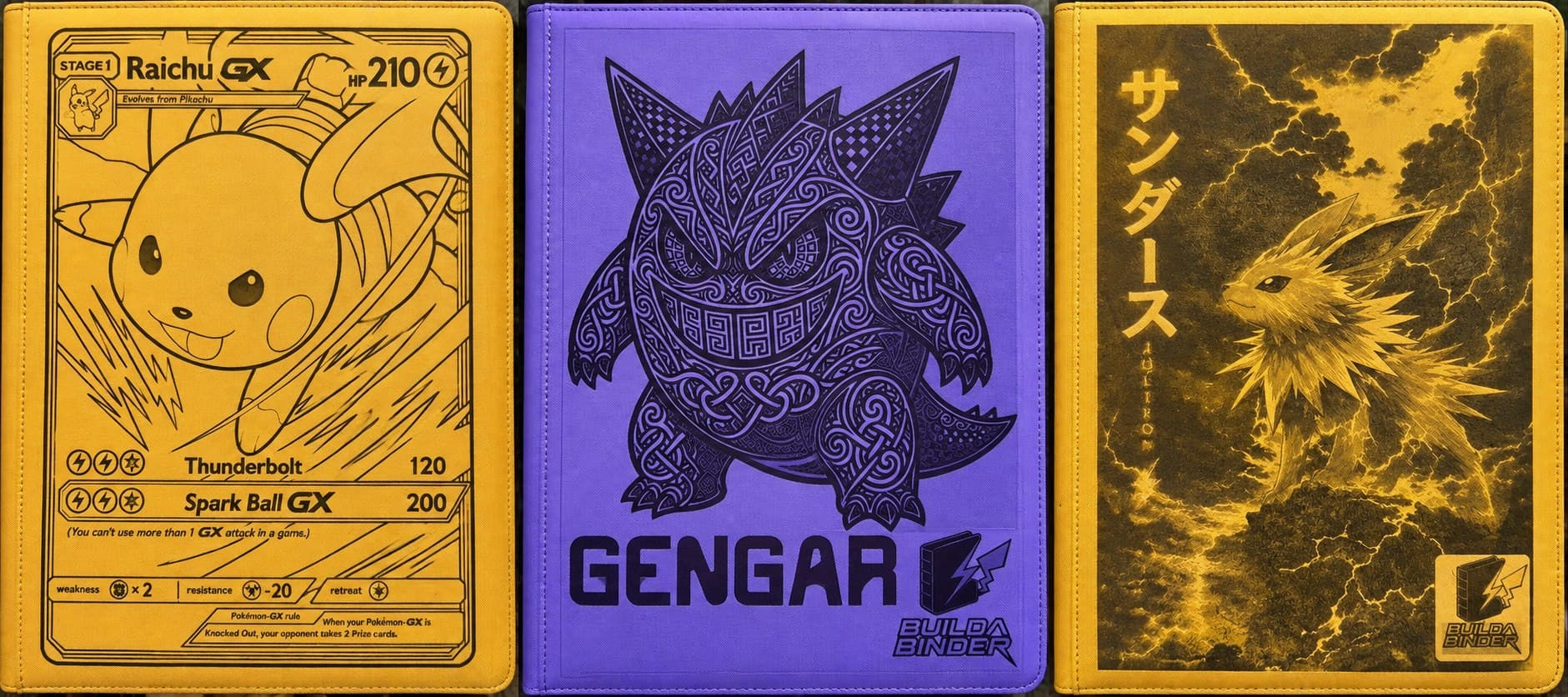 Three laser-engraved binders side by side: a yellow card design, a purple Gengar design and a yellow Jolteon storm scene